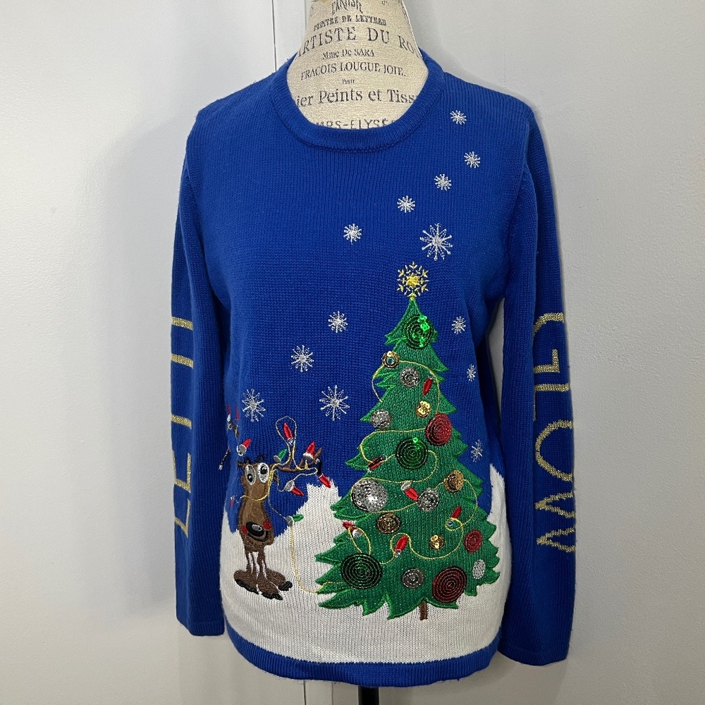 'Holiday Time' Blue Sweater Beautiful Decoration Embroidered SizeL for Christmas